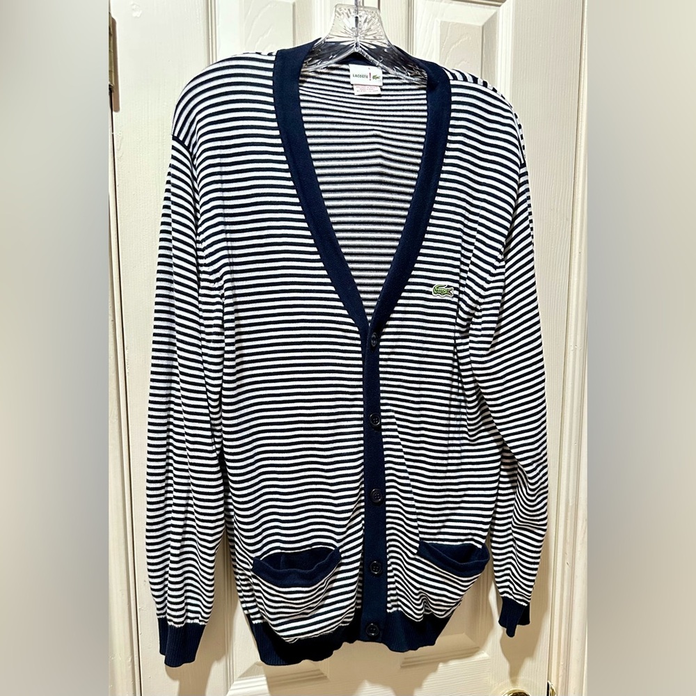 Lacoste Striped Cotton Cardigan Sweater Size 6 Large